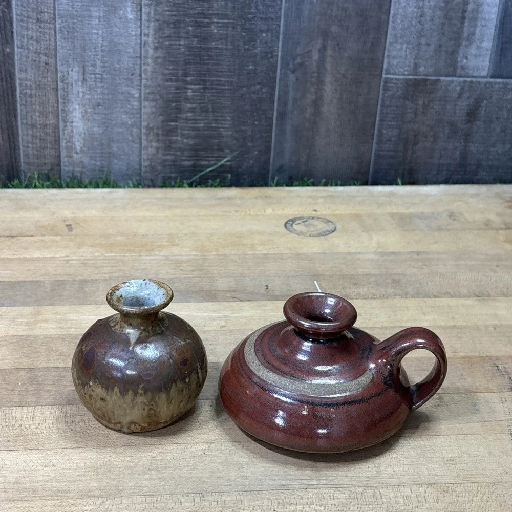 Vintage Studio Pottery Mini Vase & Handled Vessel Drip Glaze Earth Tone Set